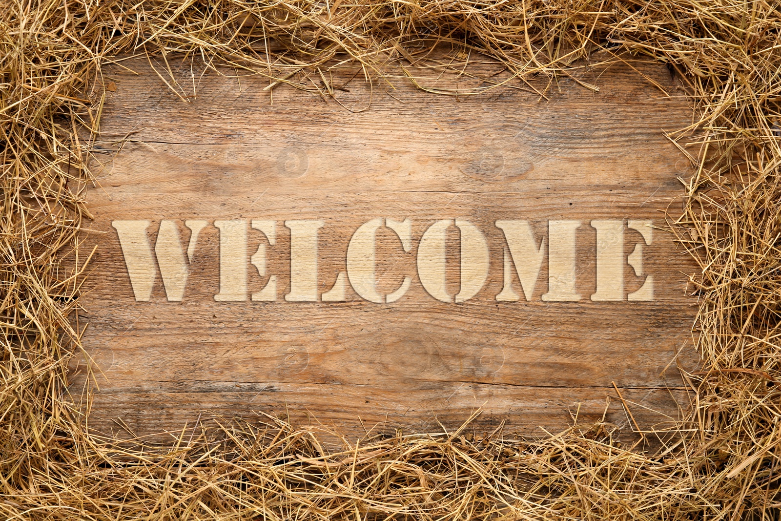 Image of Word WELCOME and dried hay on wooden background, top view