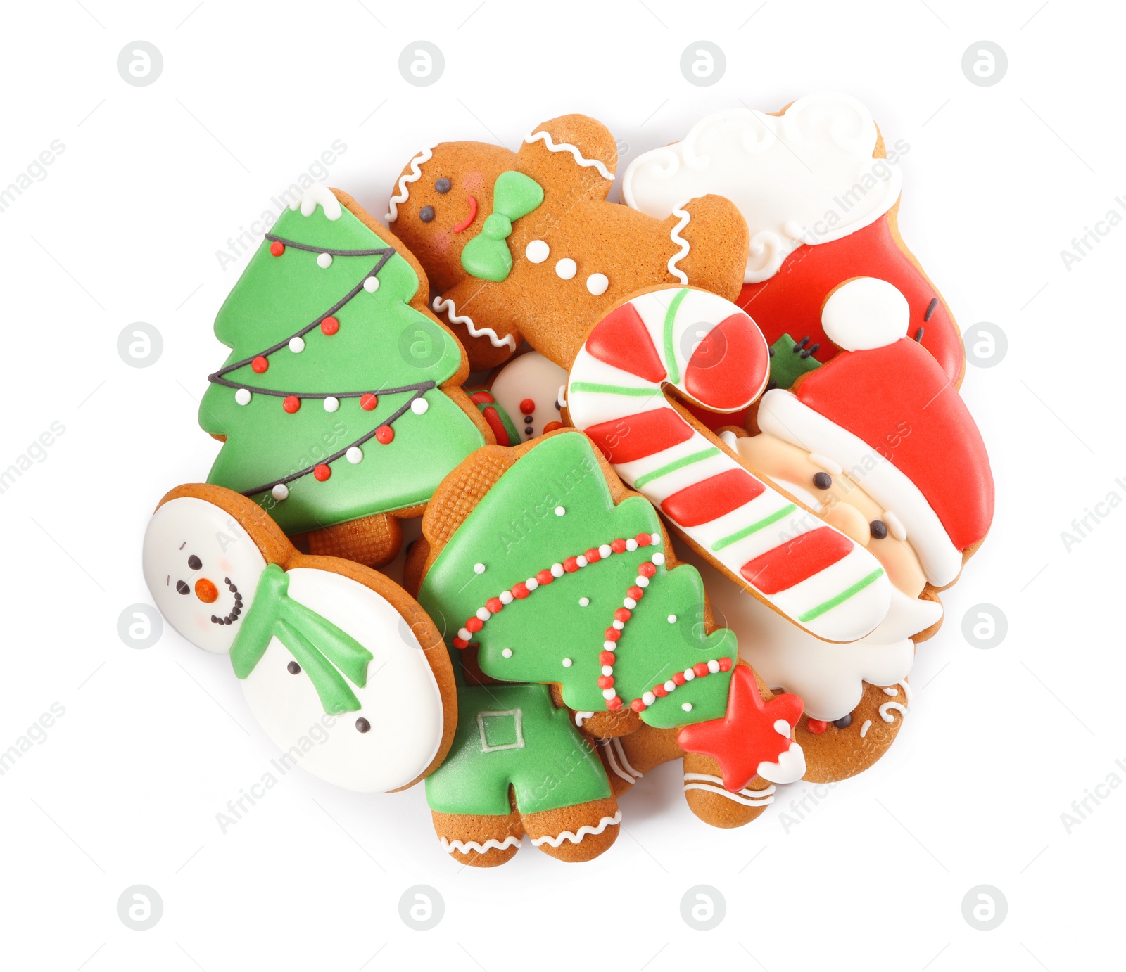 Photo of Pile of Christmas cookies on white background, top view