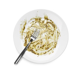 Photo of Dirty plate and fork on white background, top view