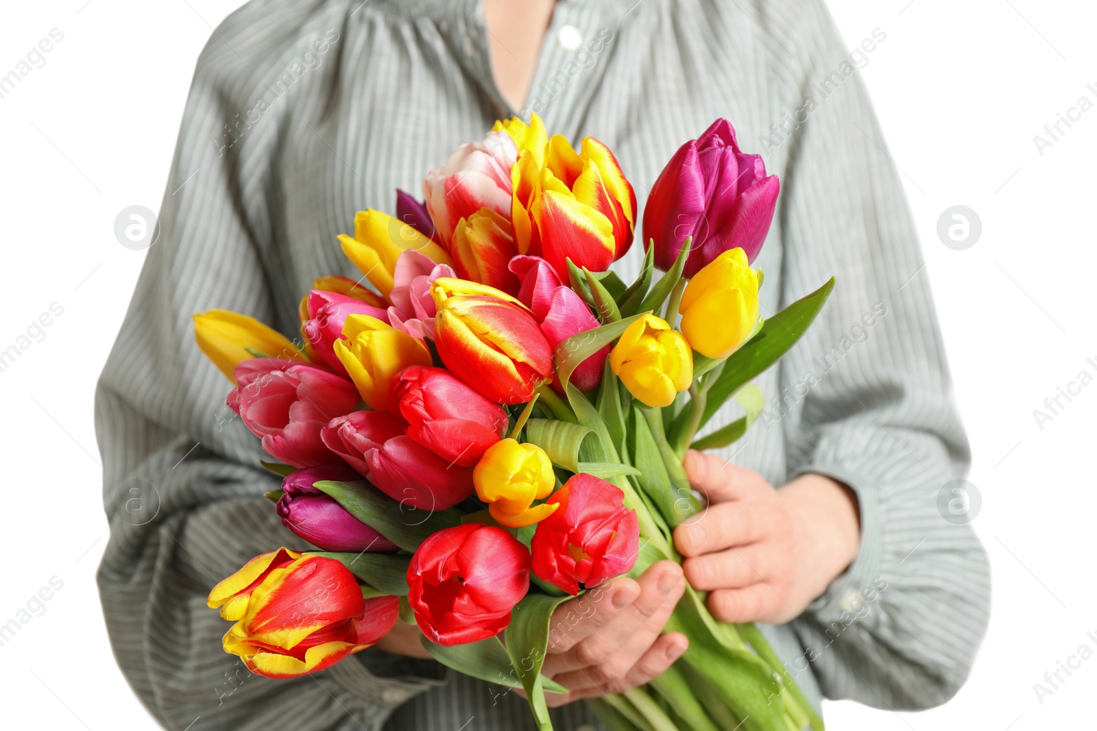 Photo of Woman holding beautiful spring tulips on white background, closeup