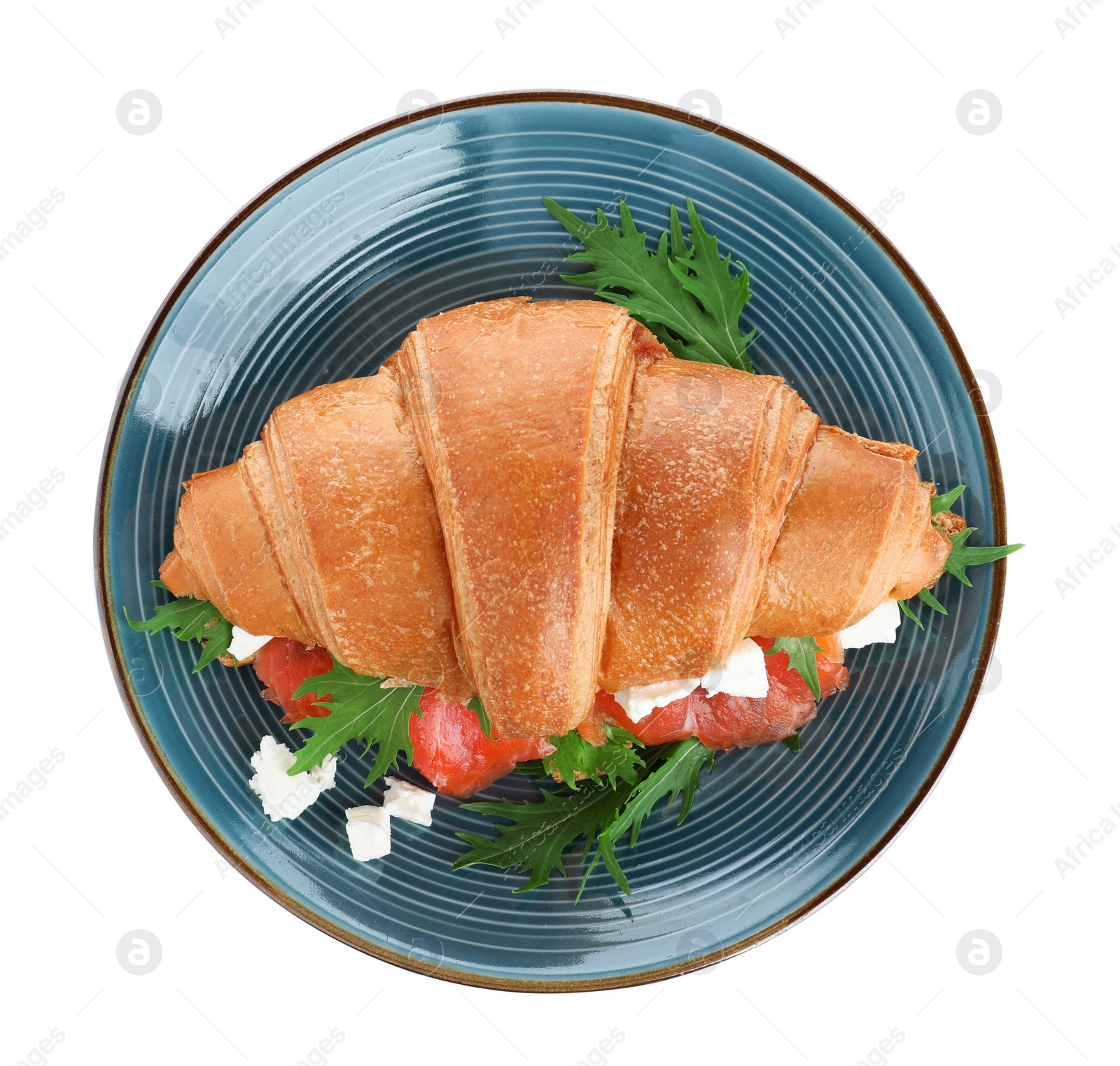 Photo of Plate with tasty croissant sandwich isolated on white, top view