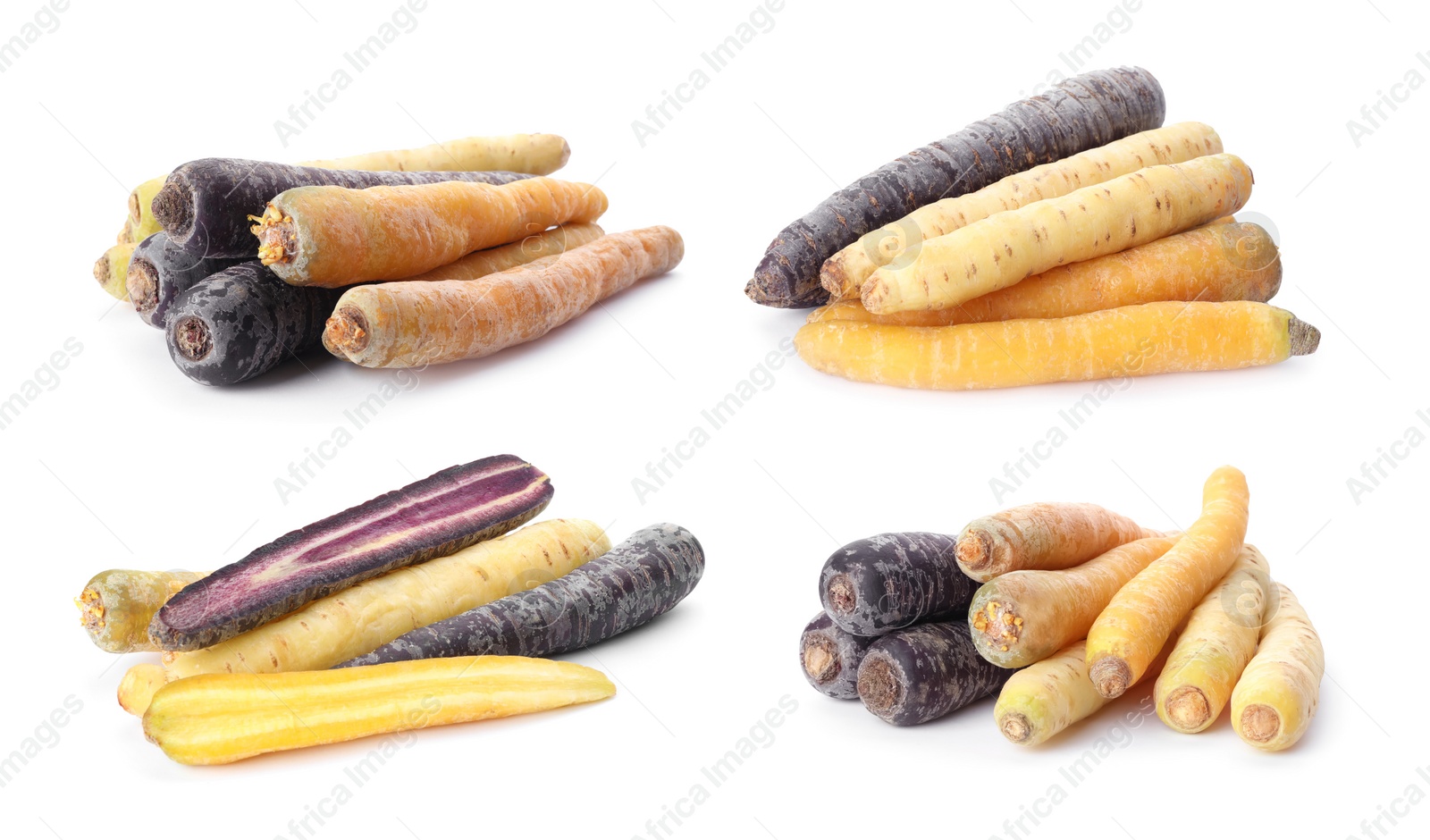 Image of Set of different carrots on white background, banner design 