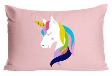 Soft pillow with printed cute unicorn isolated on white