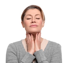 Photo of Woman suffering from sore throat on white background