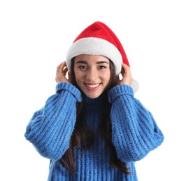 Photo of Beautiful woman wearing Santa Claus hat on white background