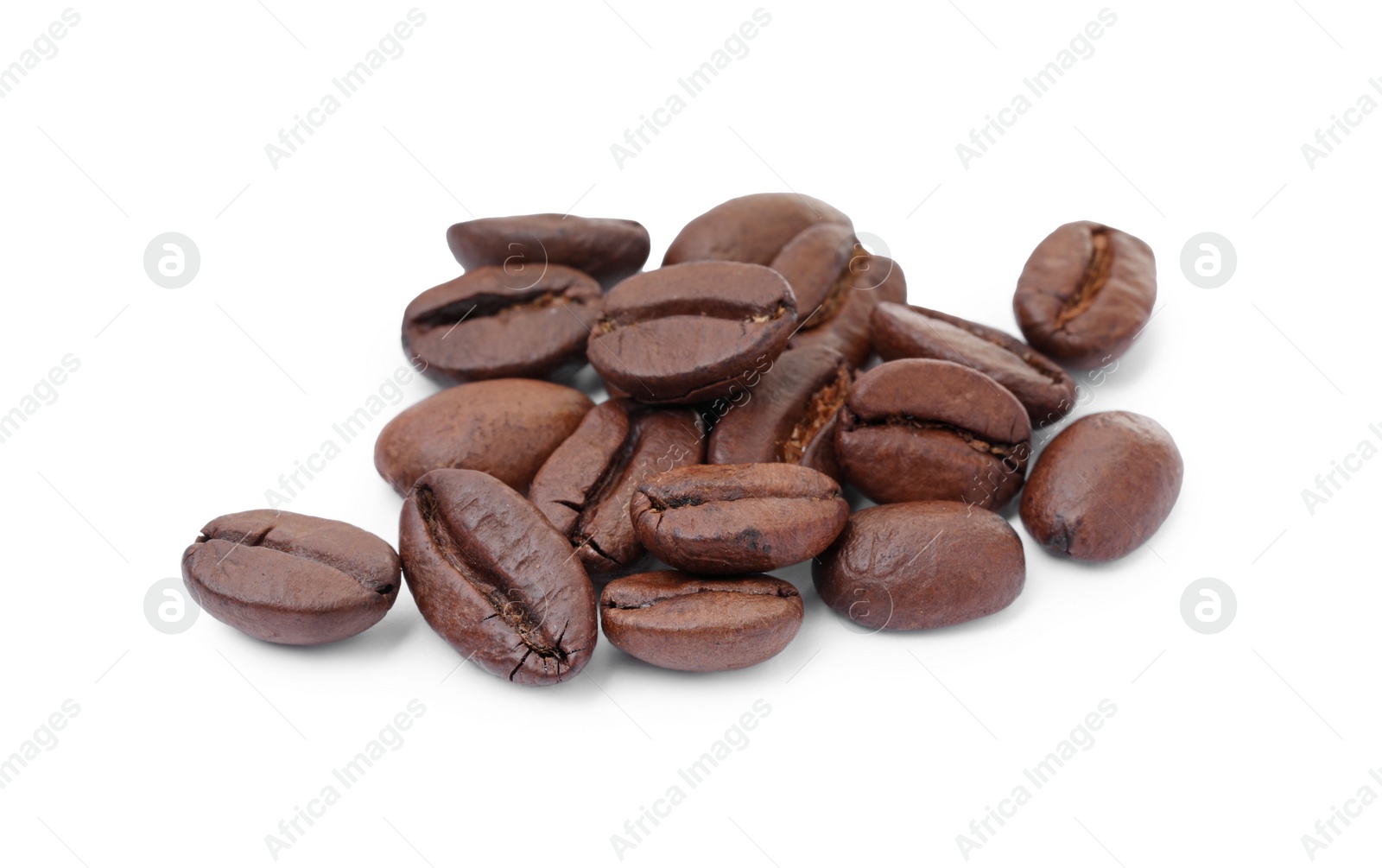 Photo of Many aromatic roasted coffee beans isolated on white