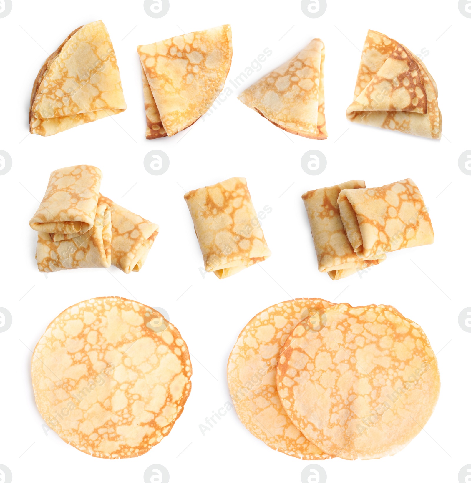 Image of Set of delicious thin pancakes on white background, top view