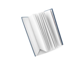 Open hardcover book with blank pages on white background