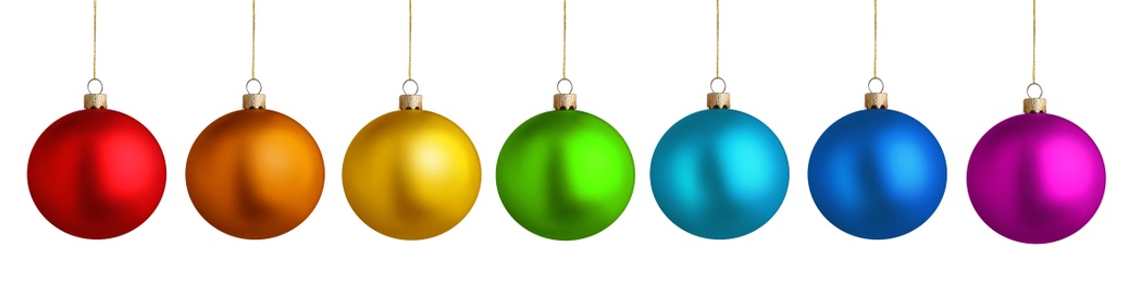 Image of Set of bright Christmas balls on white background. Banner design 