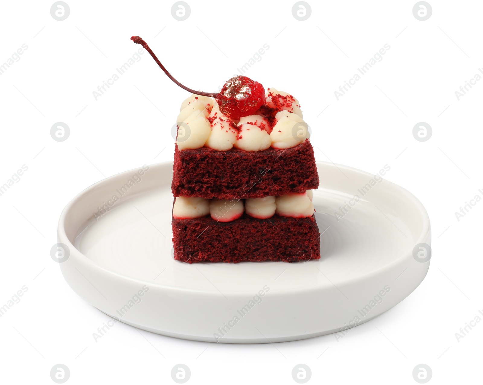 Photo of Piece of delicious red velvet cake on white background