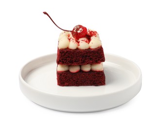 Photo of Piece of delicious red velvet cake on white background