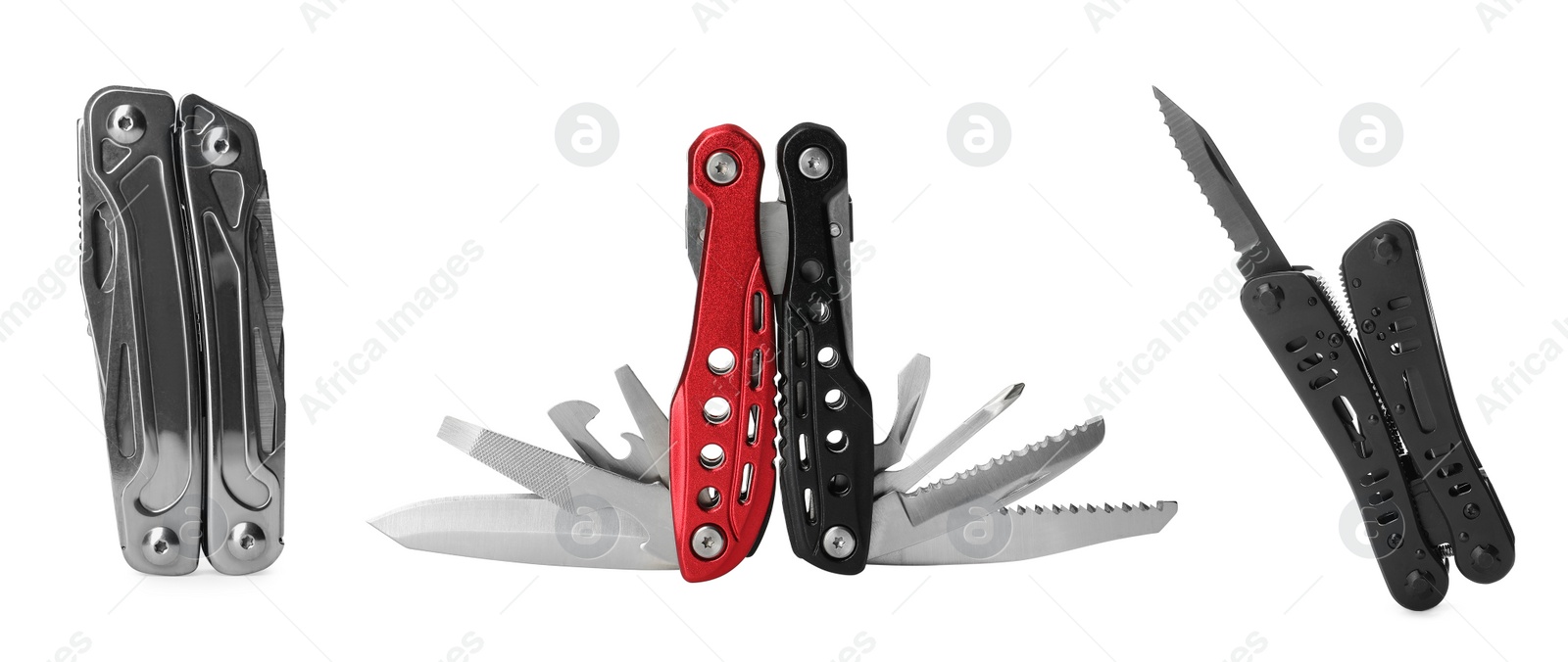 Image of Set with different portable multitools on white background. Banner design