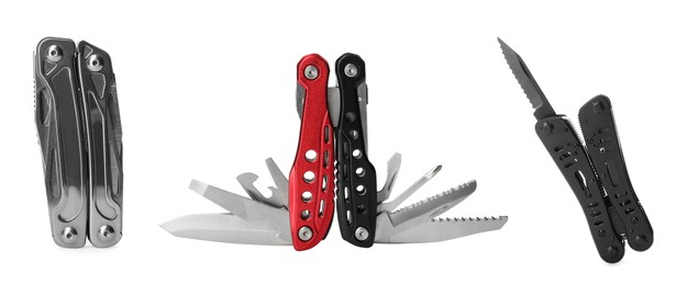 Image of Set with different portable multitools on white background. Banner design