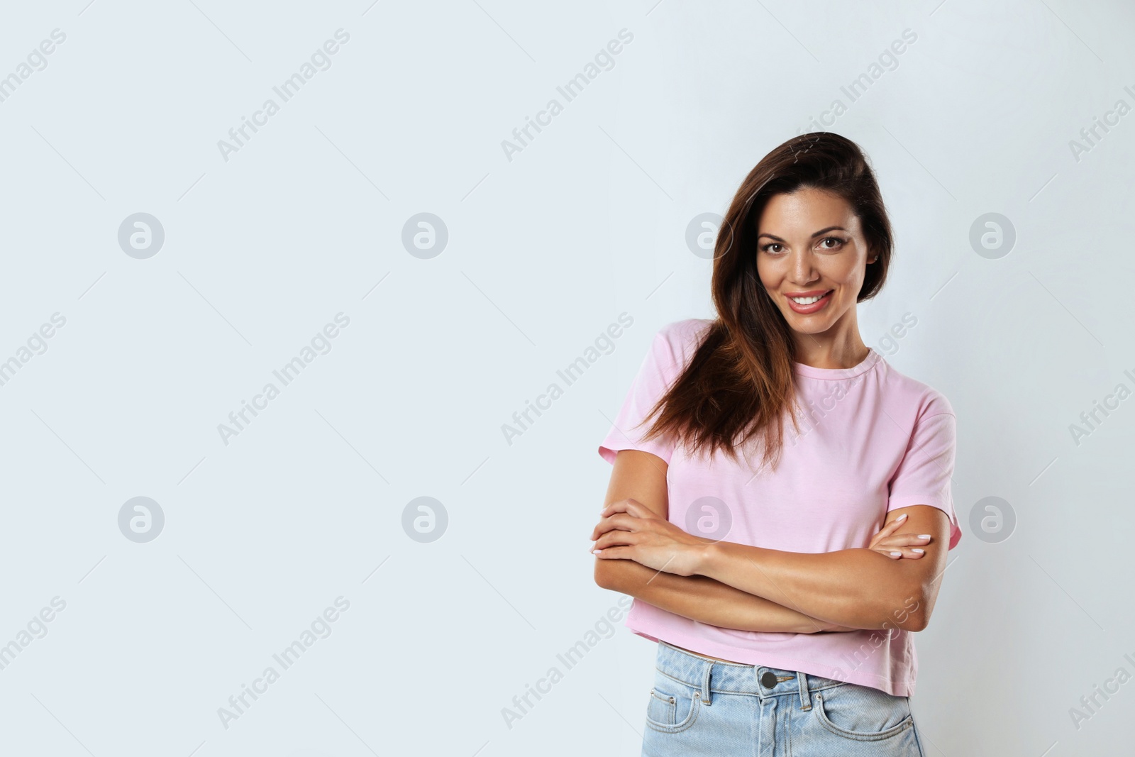 Photo of Portrait of beautiful woman on white background, space for text