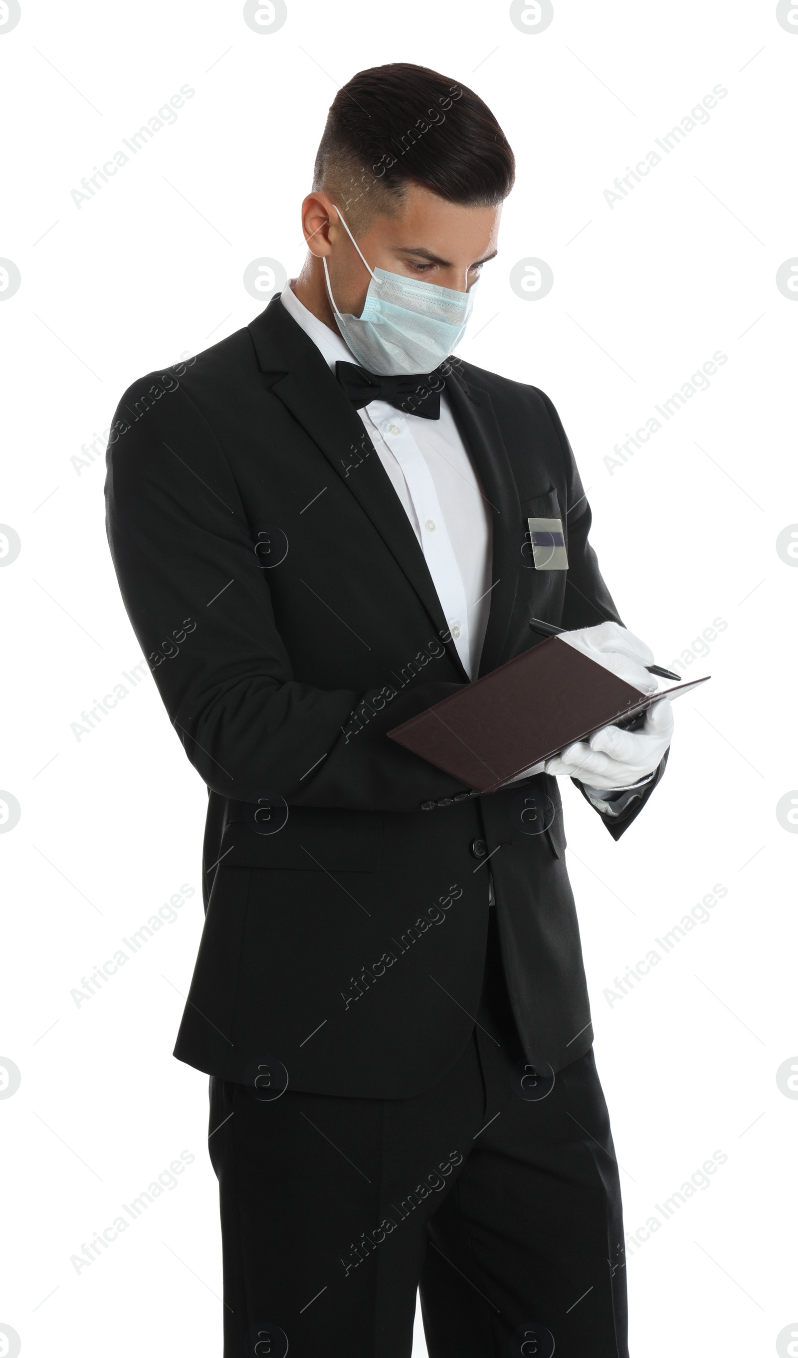 Photo of Waiter in medical face mask taking order on white background