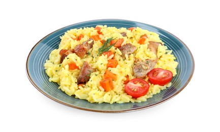 Photo of Delicious pilaf with meat isolated on white