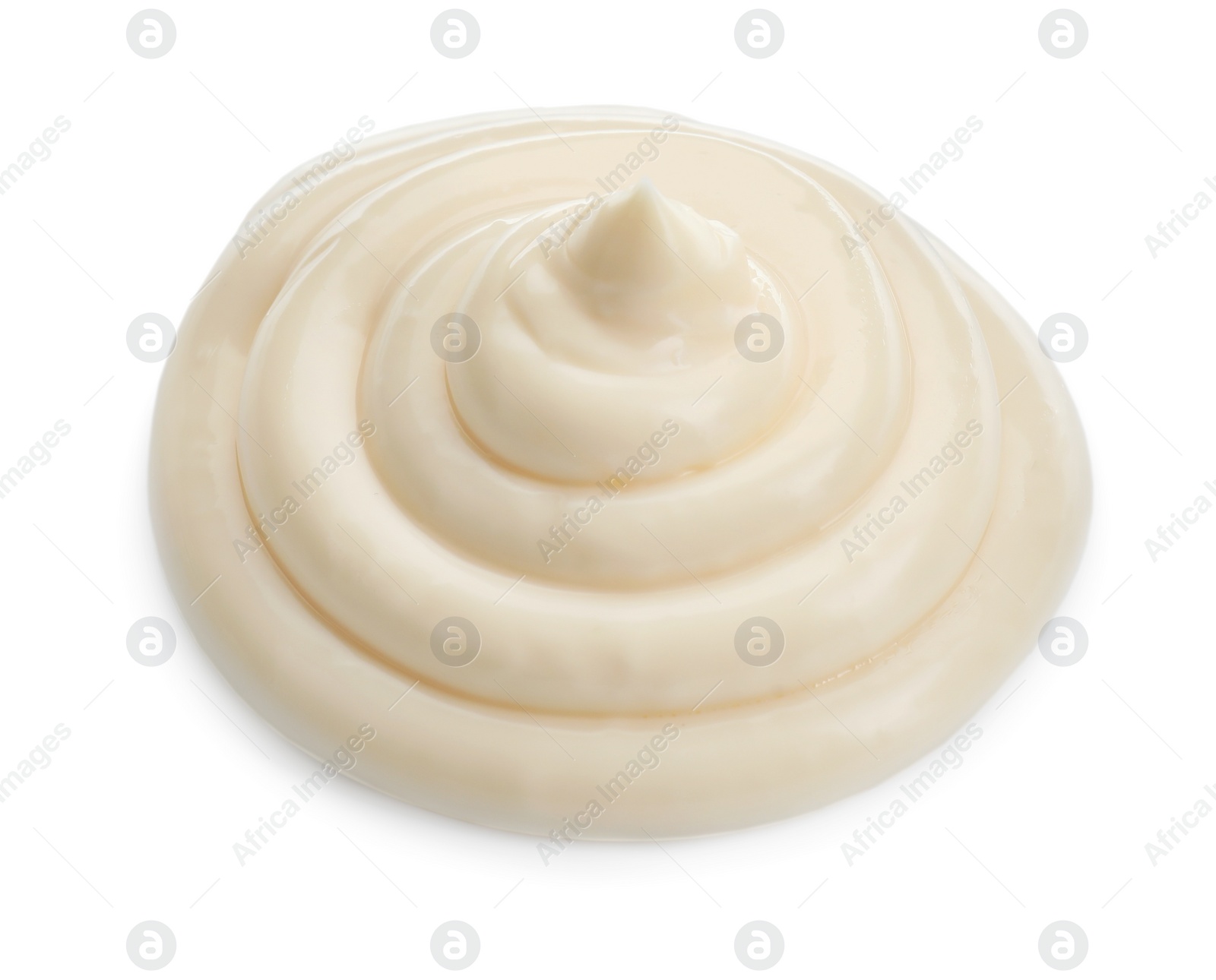 Photo of Tasty fresh mayonnaise sauce isolated on white, above view