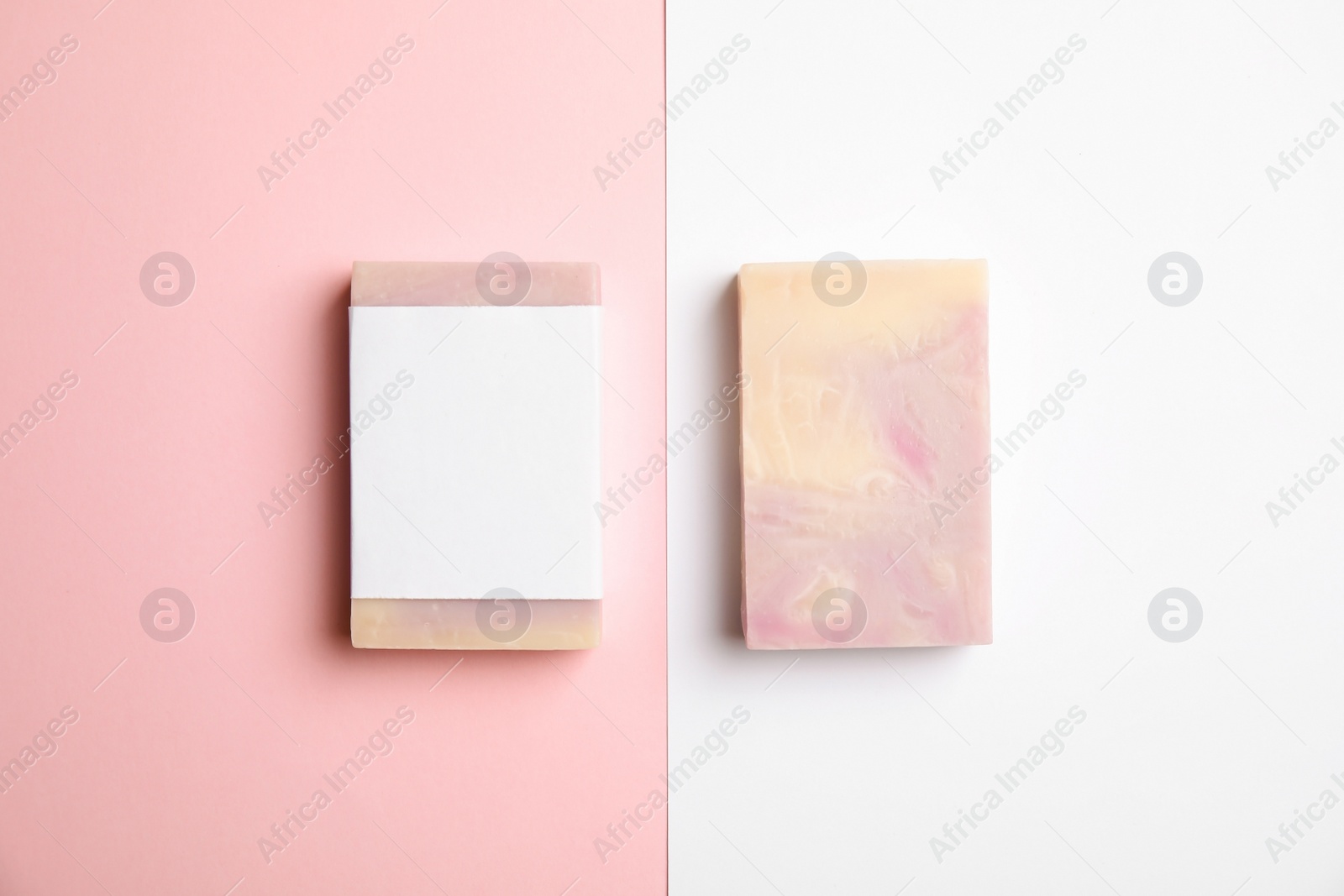 Photo of Hand made soap bars on color background, top view. Mockup for design