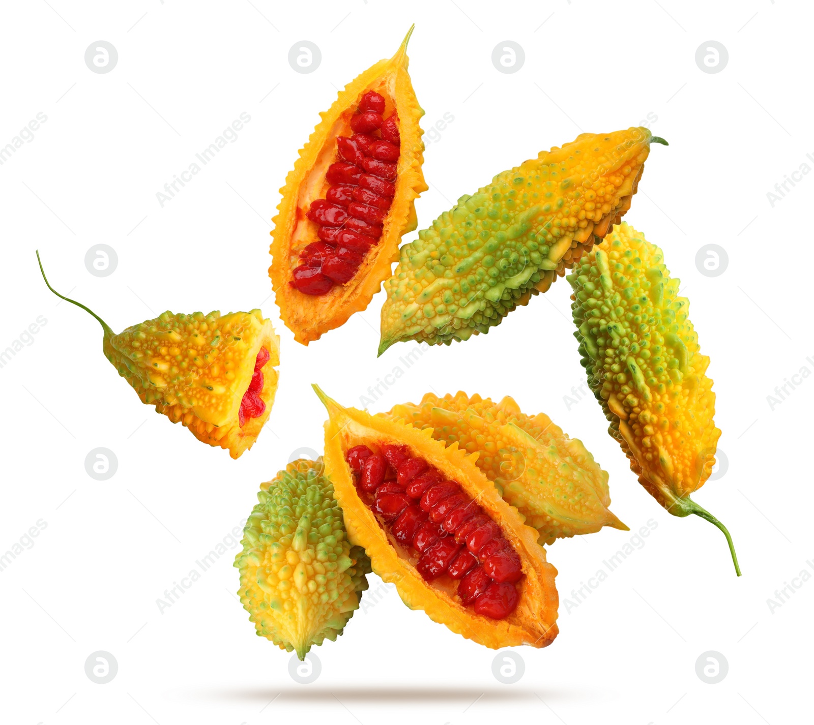 Image of Delicious ripe bitter melons falling on white background