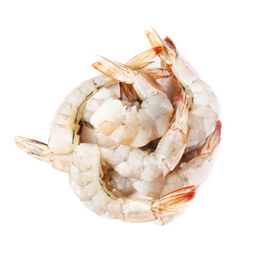 Photo of Fresh raw shrimps isolated on white, top view