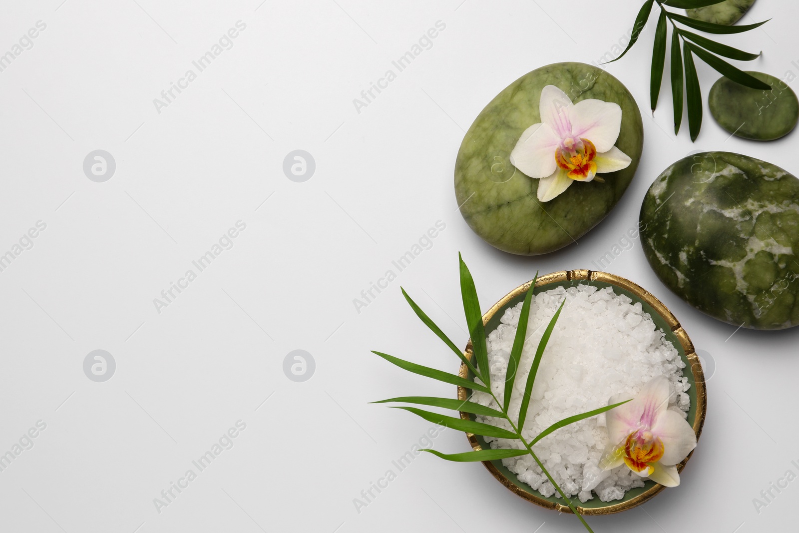 Photo of Flat lay composition with different spa products on white background. Space for text