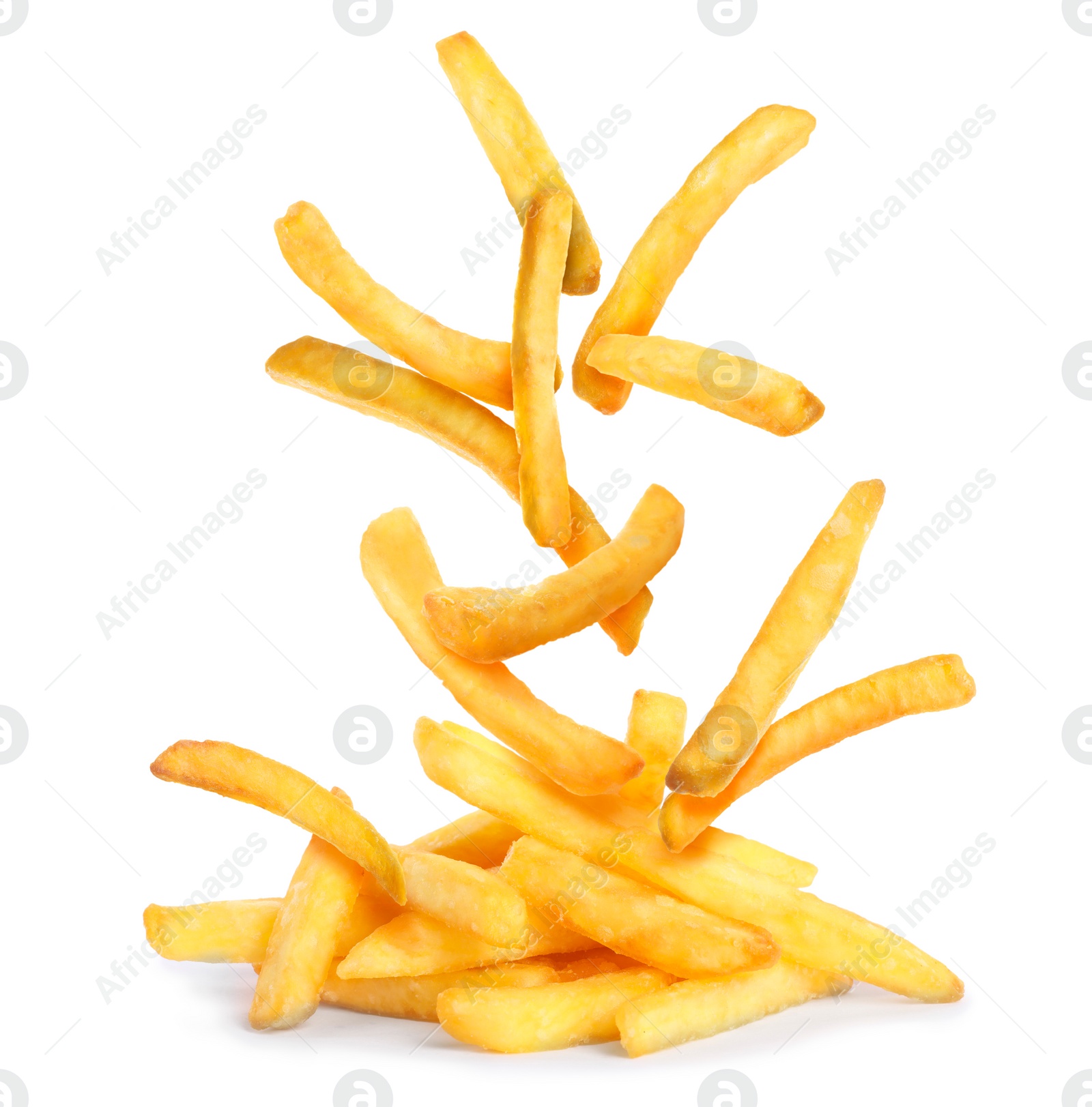 Image of Tasty French fries falling into pile on white background