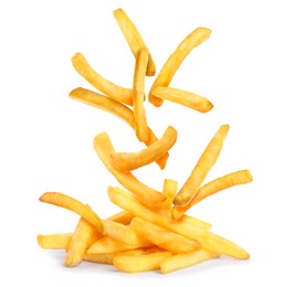 Image of Tasty French fries falling into pile on white background