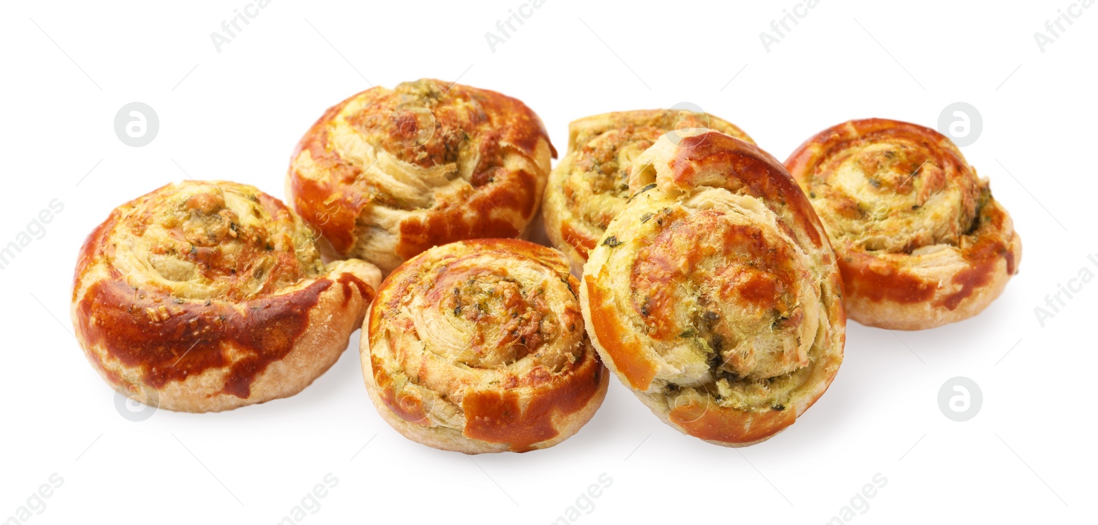 Photo of Fresh delicious puff pastry with tasty filling on white background