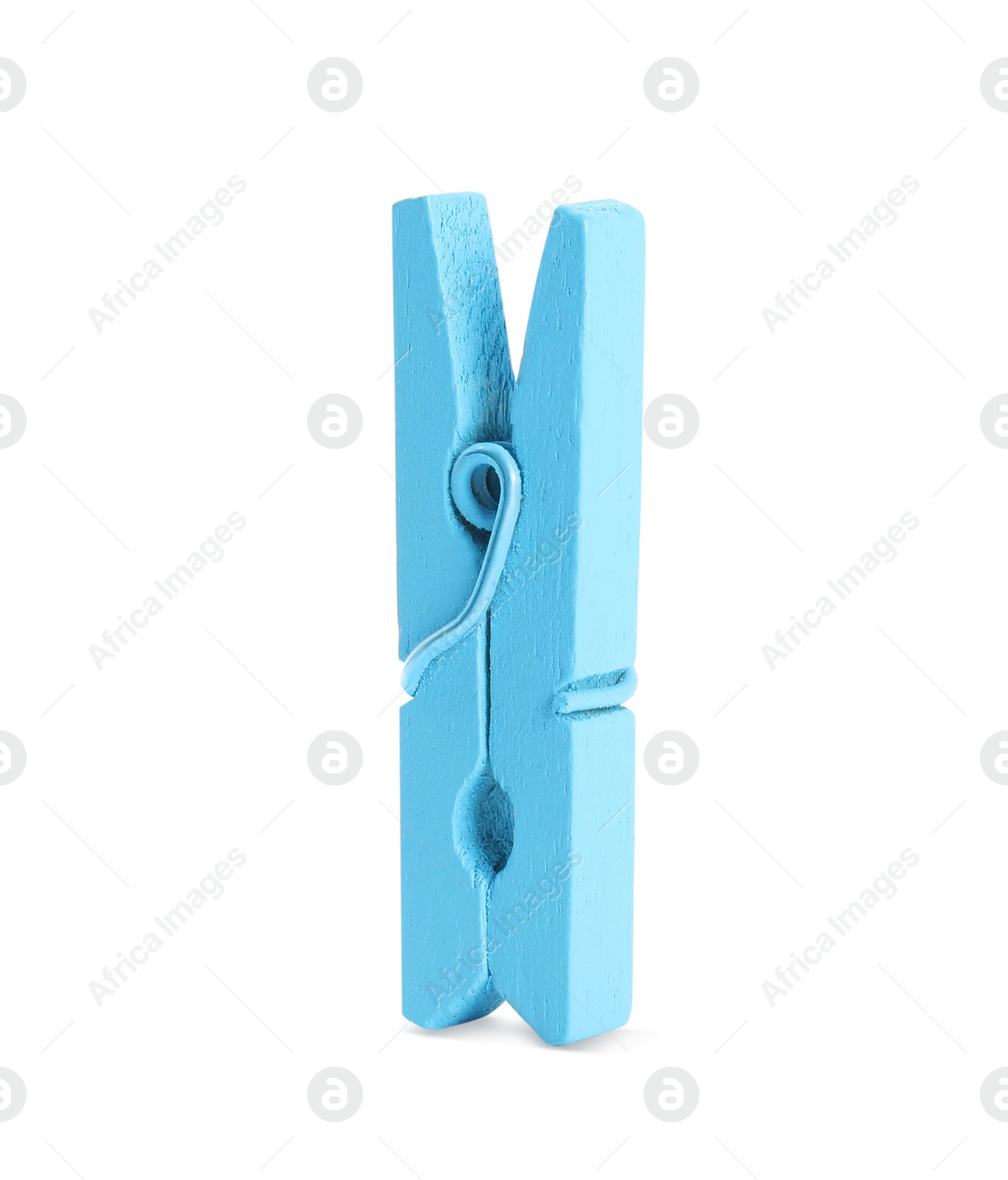 Photo of Bright light blue wooden clothespin isolated on white