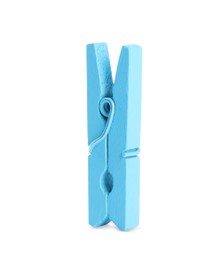Photo of Bright light blue wooden clothespin isolated on white