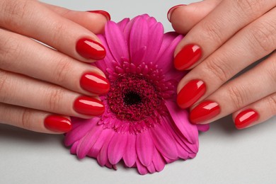 Photo of Woman with red polish on nails touching flower on white background, closeup