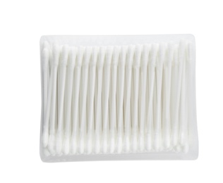 Photo of Plastic container with cotton swabs on white background, top view