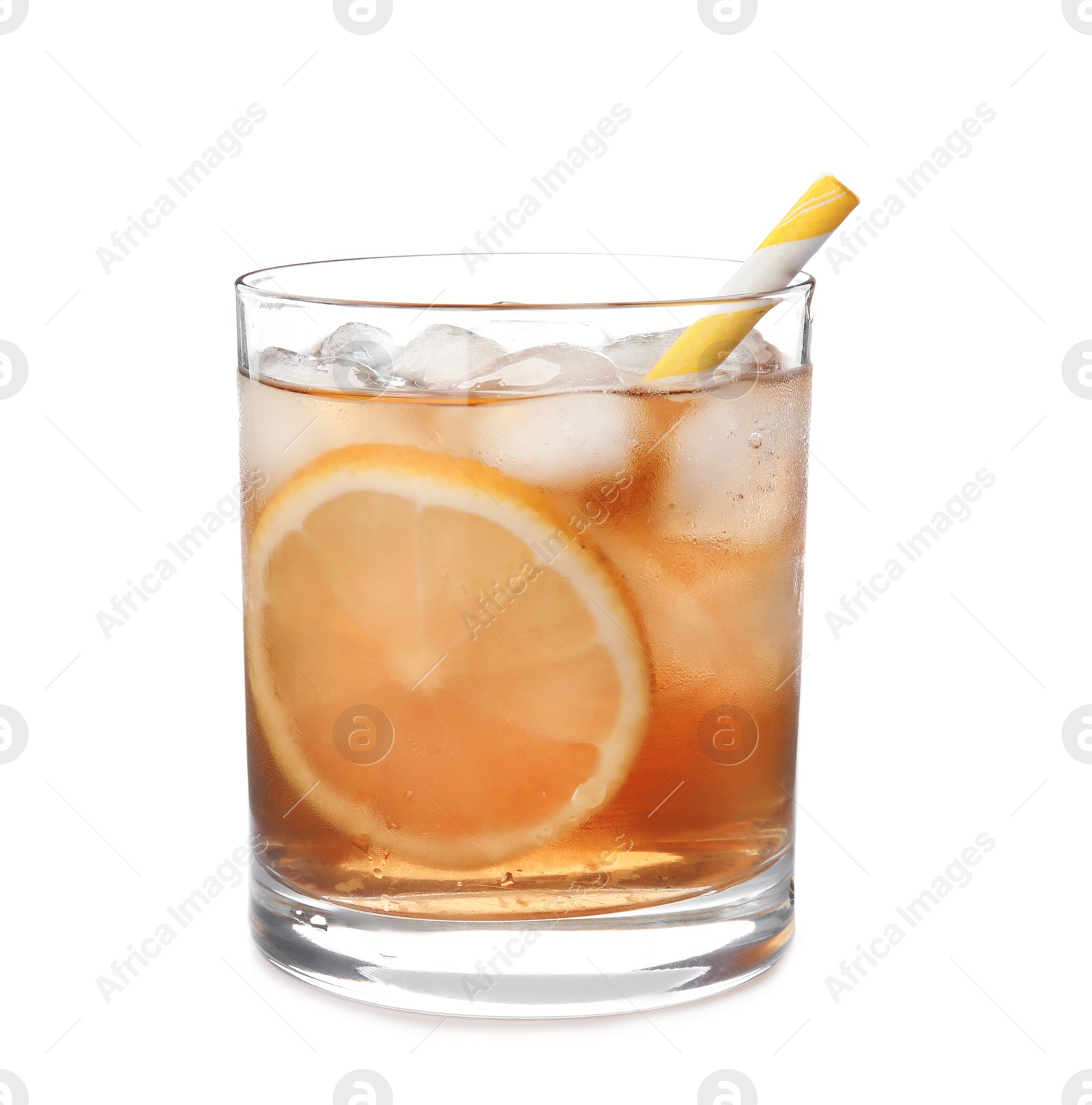 Photo of Glass of lemonade with ice cubes on white background