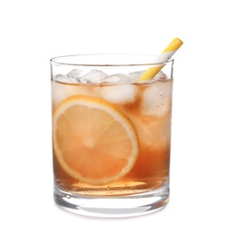 Photo of Glass of lemonade with ice cubes on white background