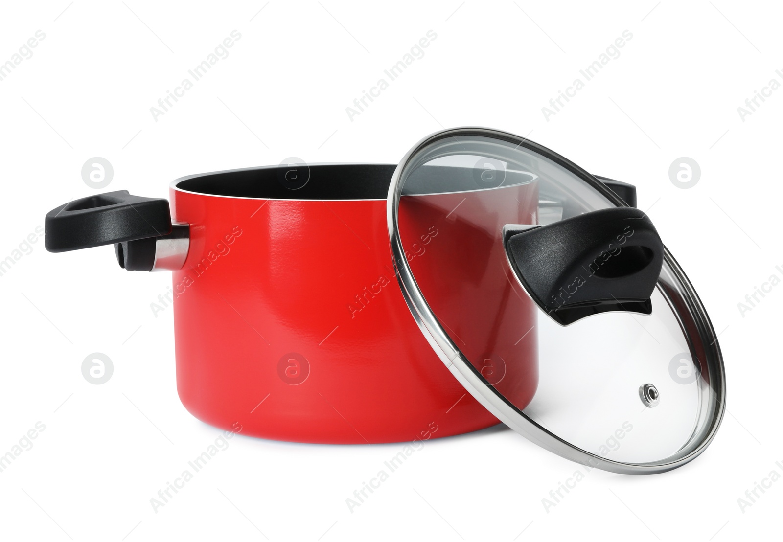 Photo of Modern red pot with lid isolated on white