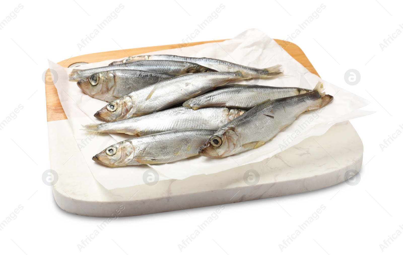 Photo of Fresh raw Baltic sprats isolated on white