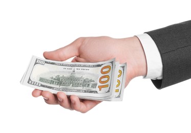 Photo of Money exchange. Man holding dollar banknotes on white background, closeup