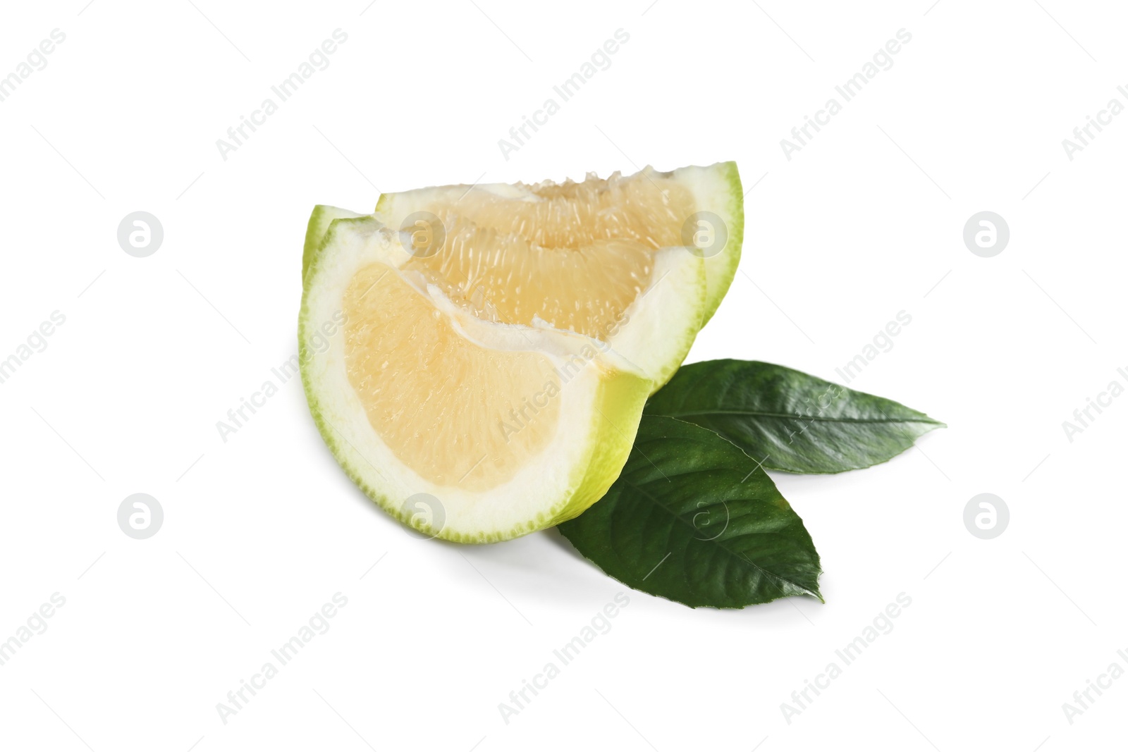 Photo of Slices of fresh ripe sweetie fruit and green leaves on white background