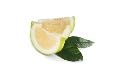 Photo of Slices of fresh ripe sweetie fruit and green leaves on white background