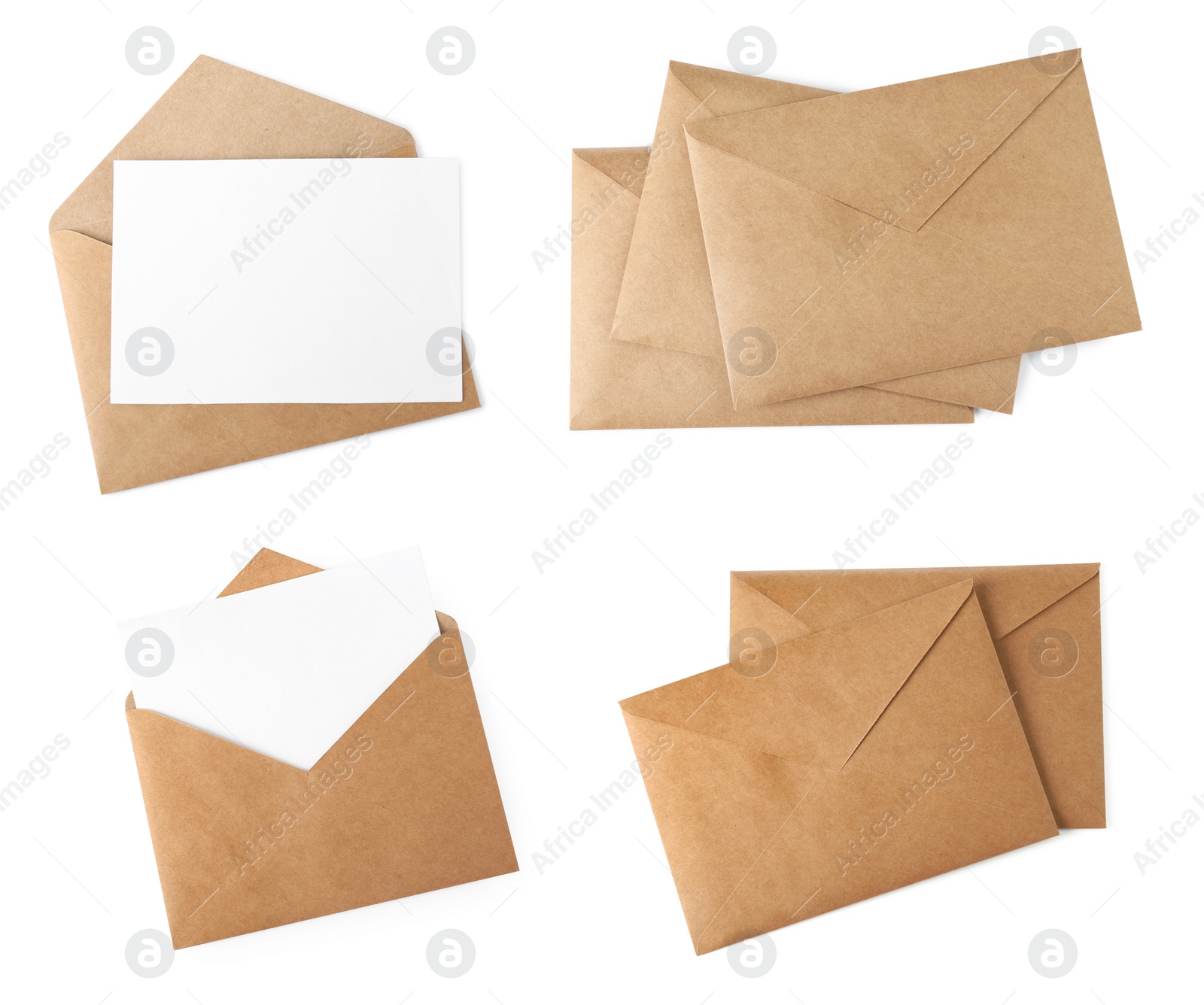 Image of Set with letter in kraft envelopes on white background