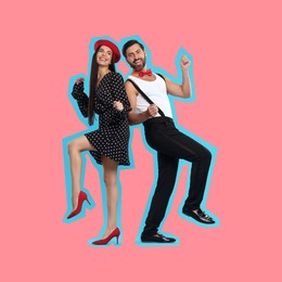 Pop art poster. Happy couple dancing together on pink background