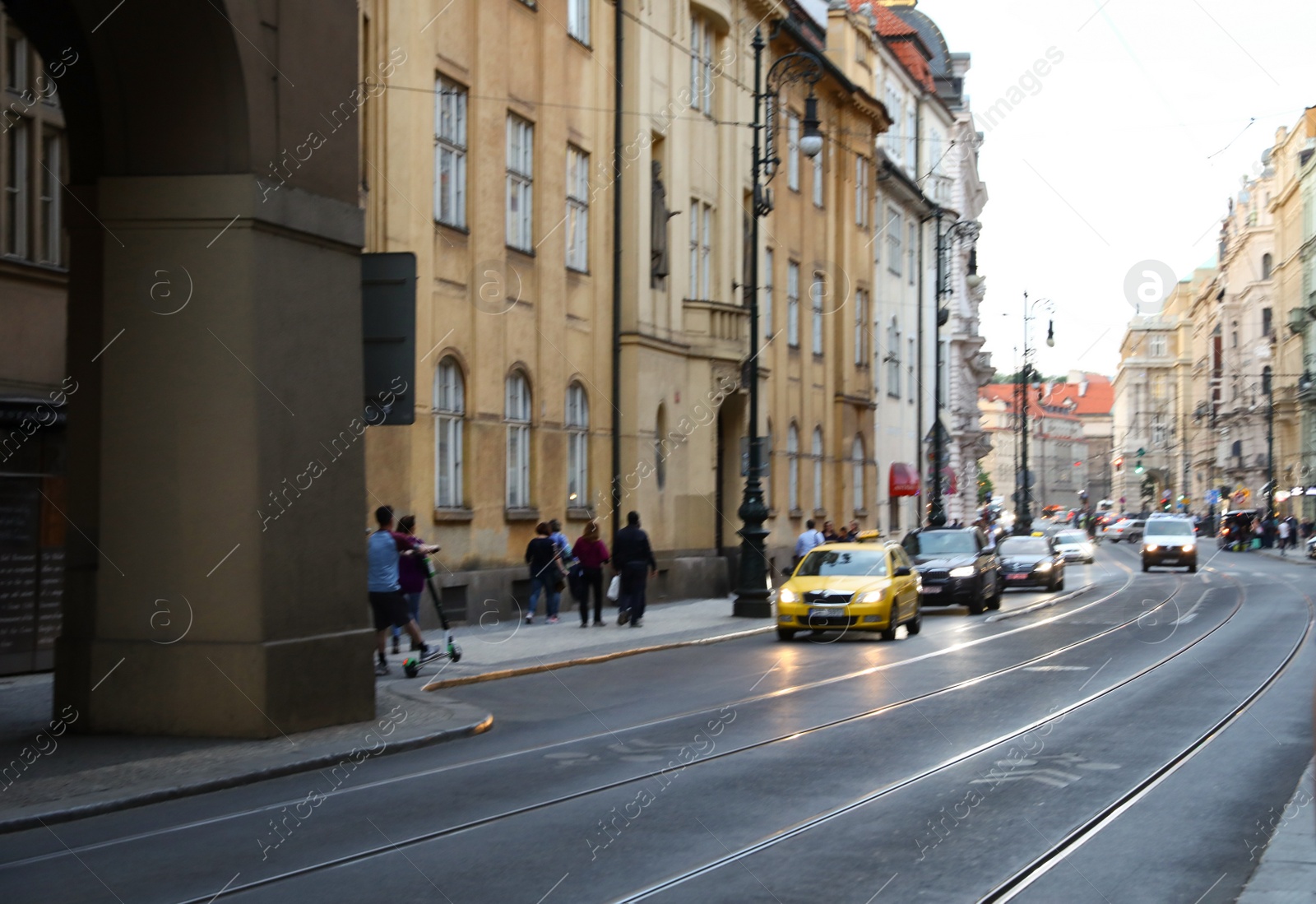 Photo of PRAGUE, CZECH REPUBLIC - APRIL 25, 2019: City street with beautiful buildings and road traffic