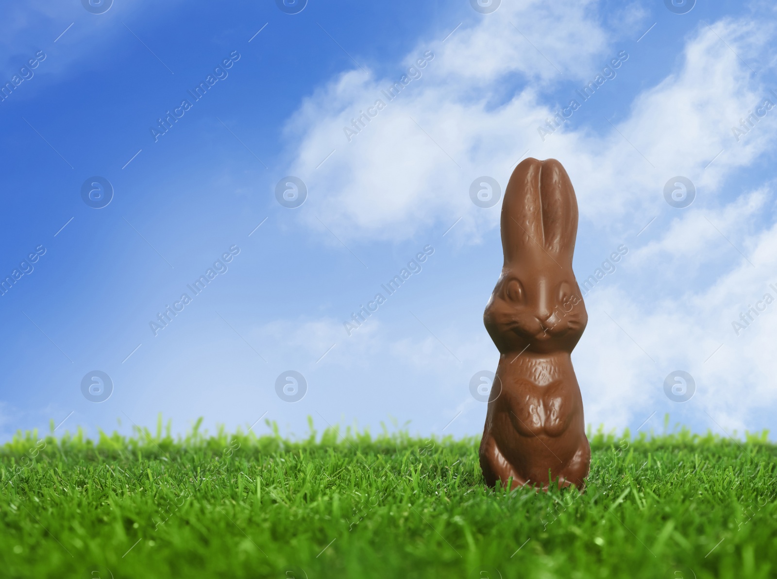 Image of Chocolate bunny on green grass outdoors, space for text. Easter celebration