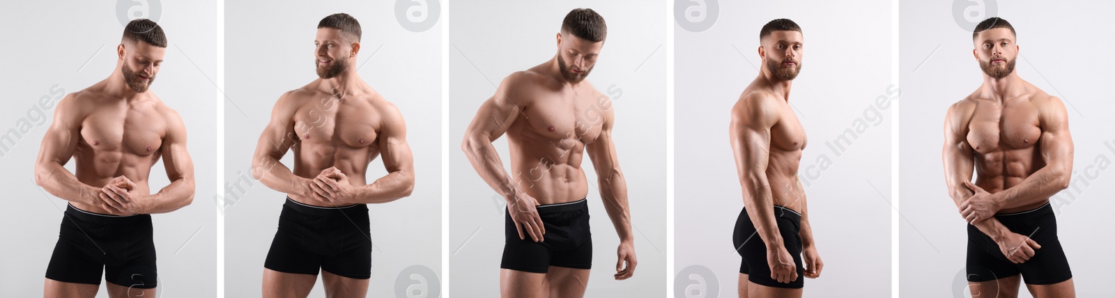 Image of Muscular man in stylish black underwear on white background, collection of photos