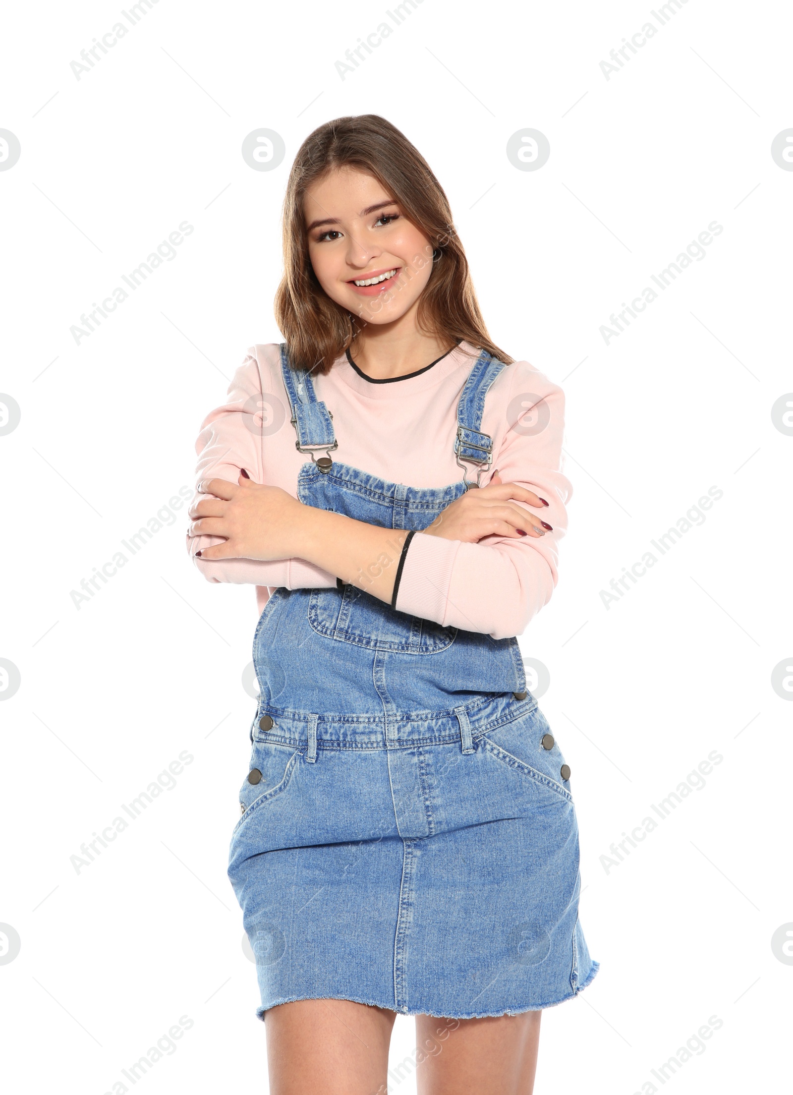 Photo of Beautiful teenage girl in stylish clothes on white background