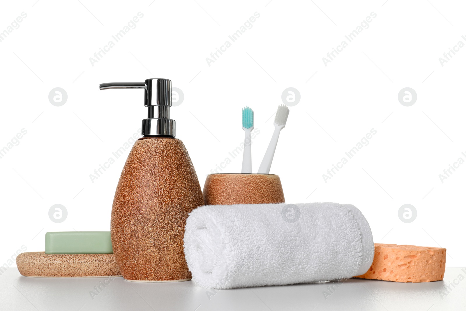 Photo of Bath accessories. Different personal care products on table against white background