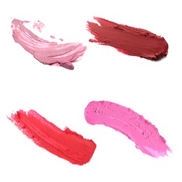 Image of Smears of different beautiful lipsticks on white background, top view