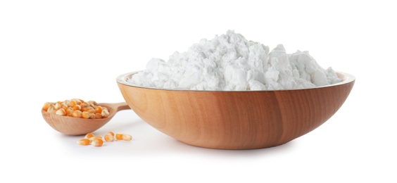 Photo of Bowl of corn starch and spoon with kernels on white background