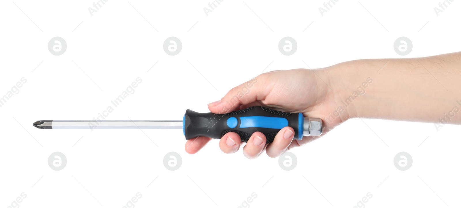 Photo of Woman holding screwdriver on white background, closeup