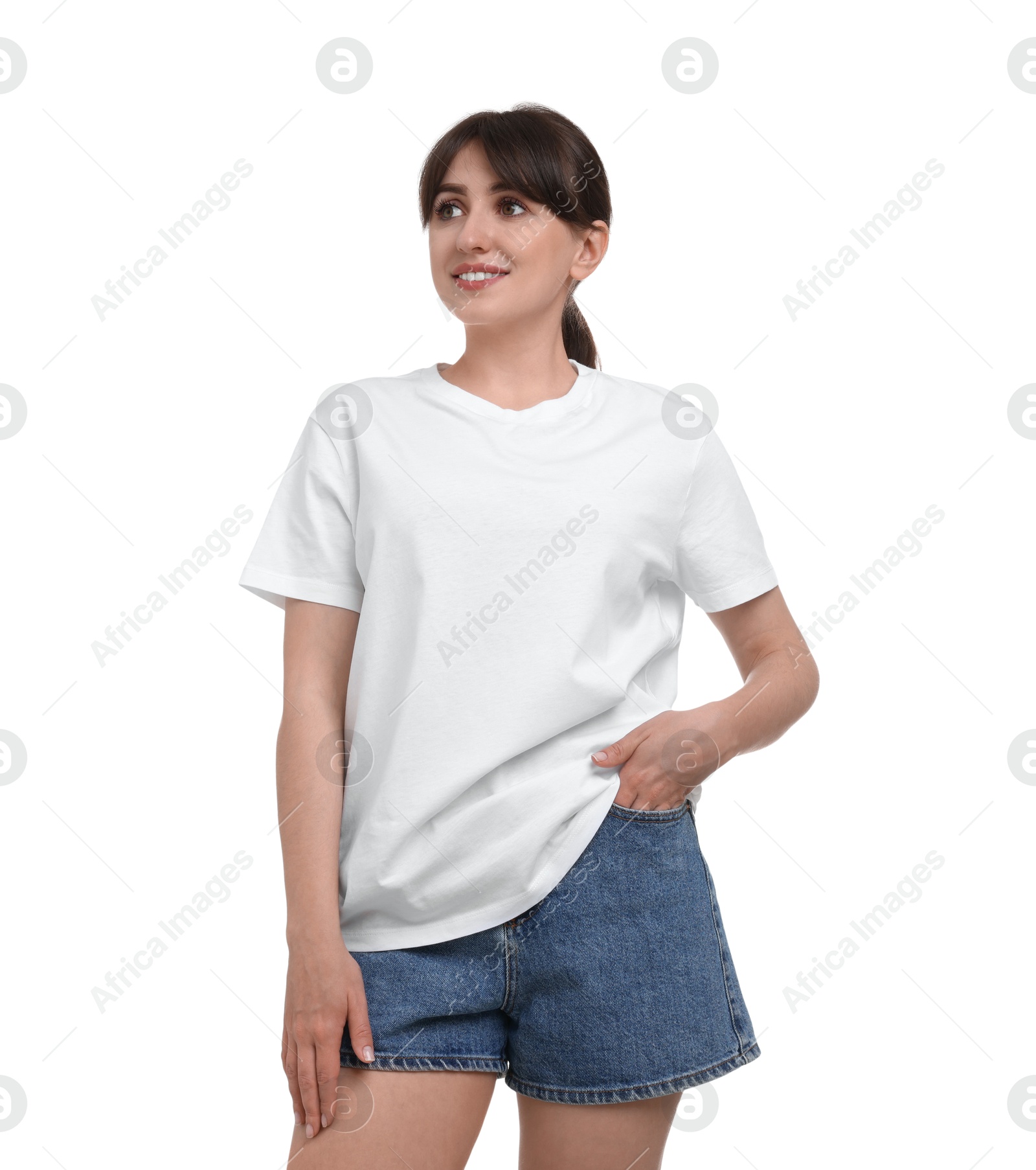 Photo of Smiling woman in stylish t-shirt on white background
